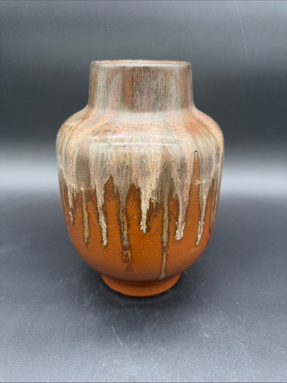 Handcrafted MCM Ceramic Drip Glaze Vase Rust & Cream Tones Signed